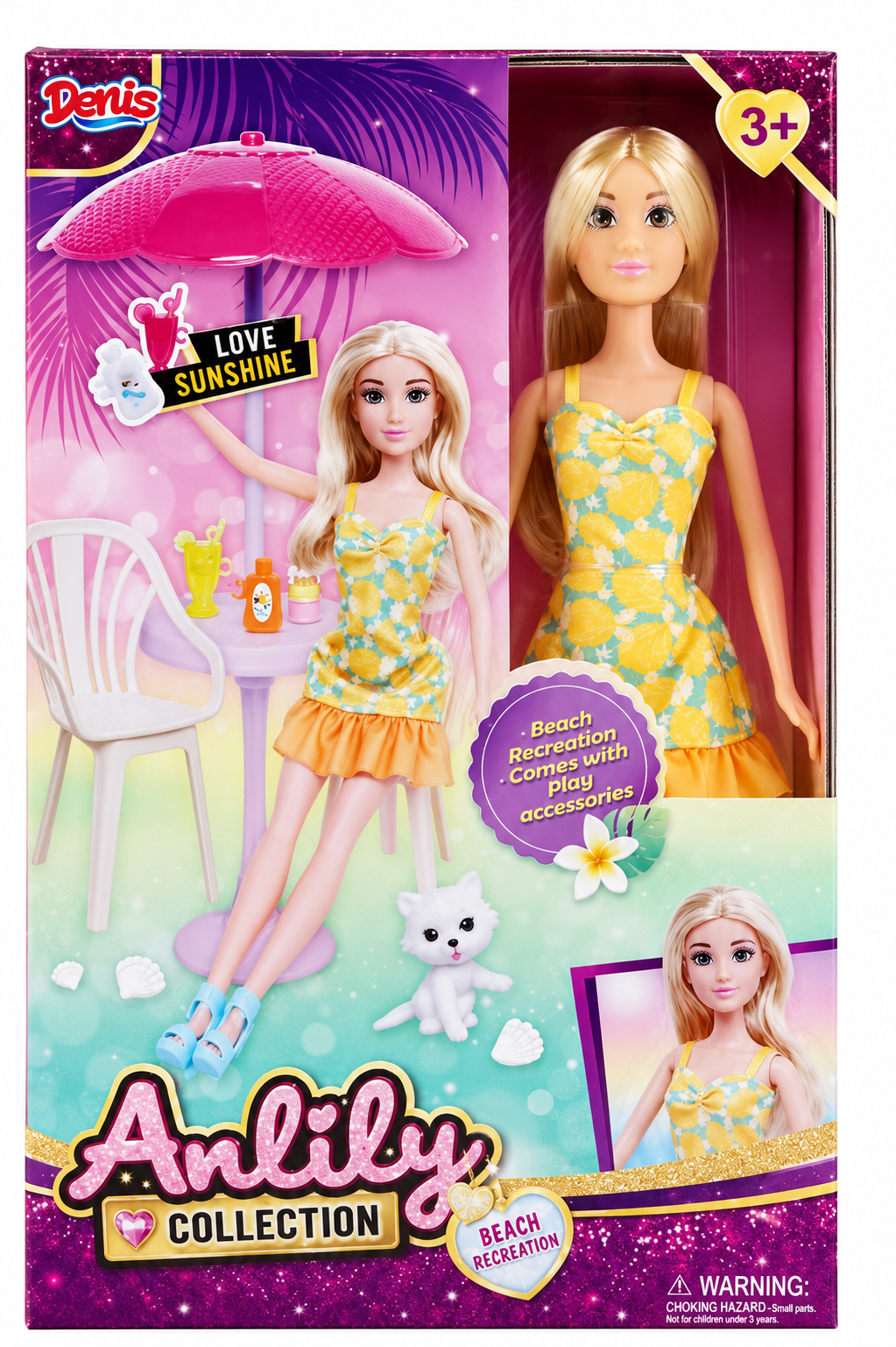 בובת אופנה Denis Andily Collection עם שיער בלונדיני ושמלת קיץ צהובה בהדפס לימונים מסדרת Beach Recreation, לגילאי 3 ומעלה.