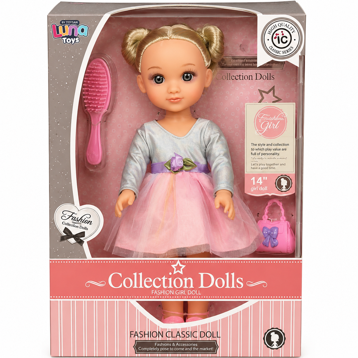 בובת אופנה בלונדינית Lina Toys בגובה 14 אינץ׳ עם חלק עליון כסוף, חצאית ורודה ומסרק לעיצוב השיער.