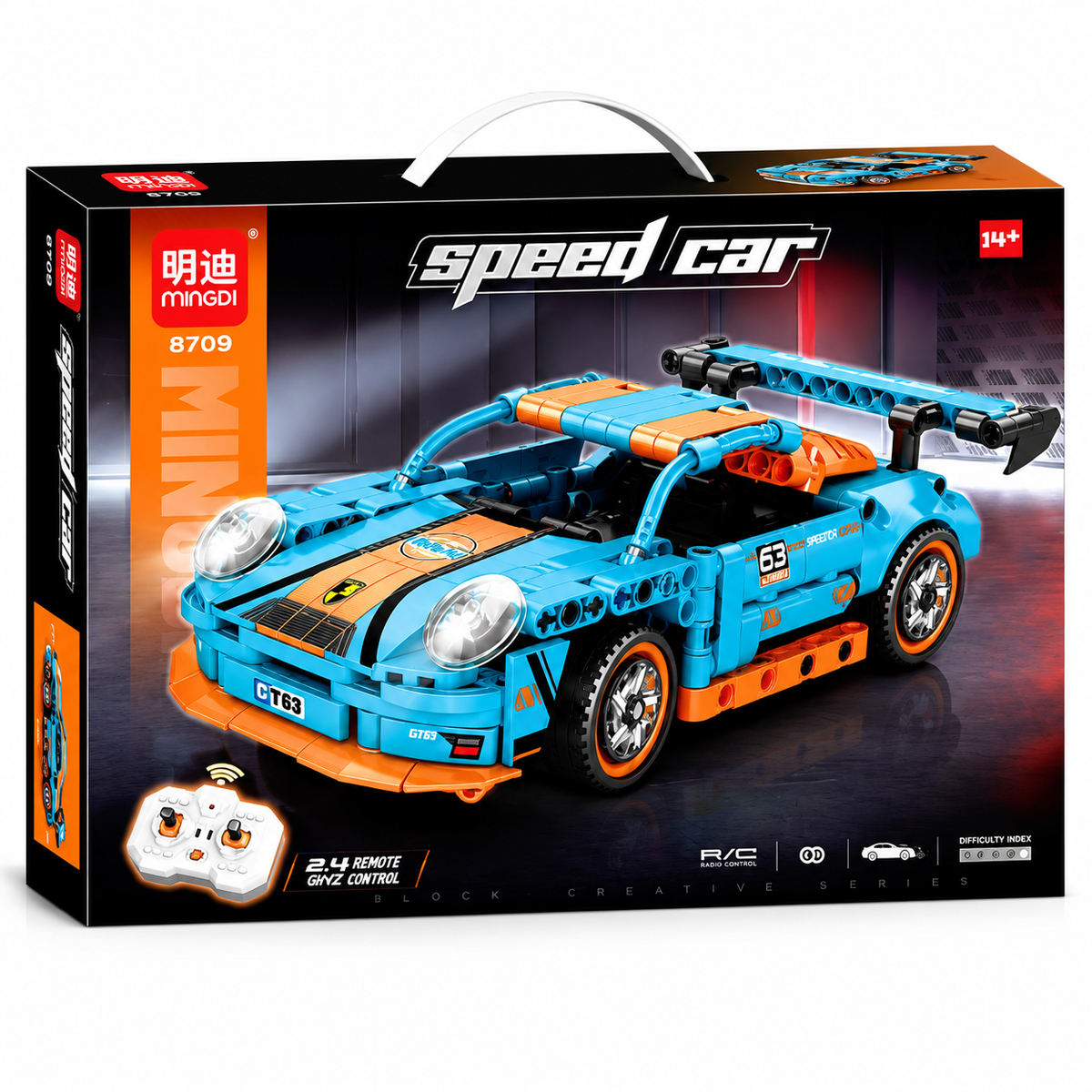 מכונית ספורט כחולה וכתומה להרכבה MINGDI Speed Car 8709 עם שלט רחוק 2.4GHz, לגילאי 14+