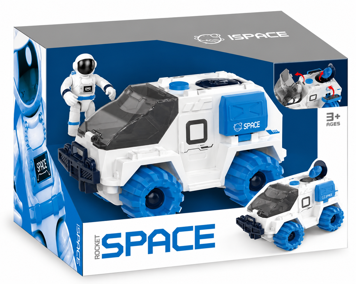 רכב חקר חלל Rocket SPACE לבן וכחול עם ארבעה גלגלי שטח גדולים וחלקים נפתחים, מתאים לגילאי 3 ומעלה.
