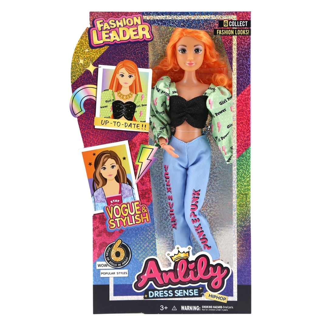 בובת ANLILY Fashion Leader עם שיער כתום ולבוש HipHop אופנתי בגווני תכלת, ירוק ושחור