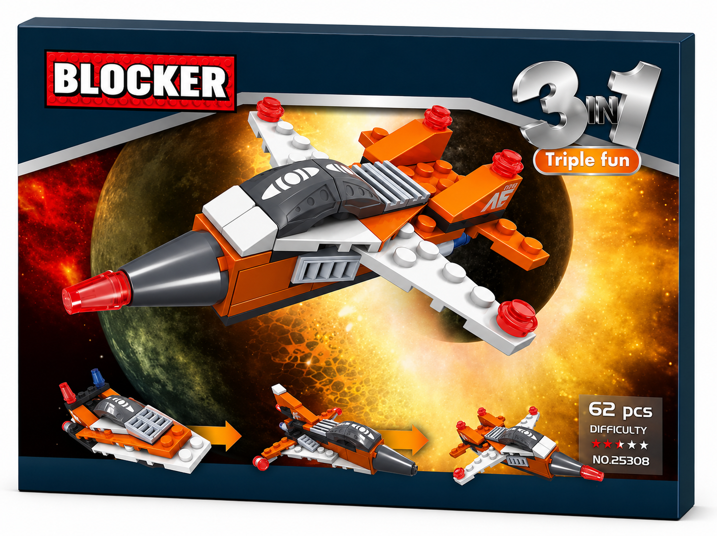 משחק הרכבה Blocker חללית כתומה 3 ב-1 – 62 חלקים