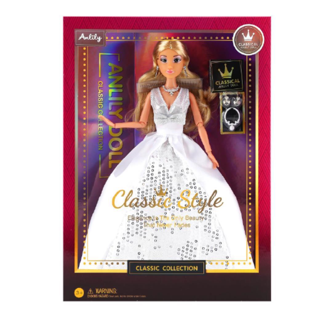 בובת Anlily בלונדינית בשמלת ערב לבנה וכסופה מסדרת Classic Collection עם תכשיטים ואביזרי אופנה, לגילאי 3+
