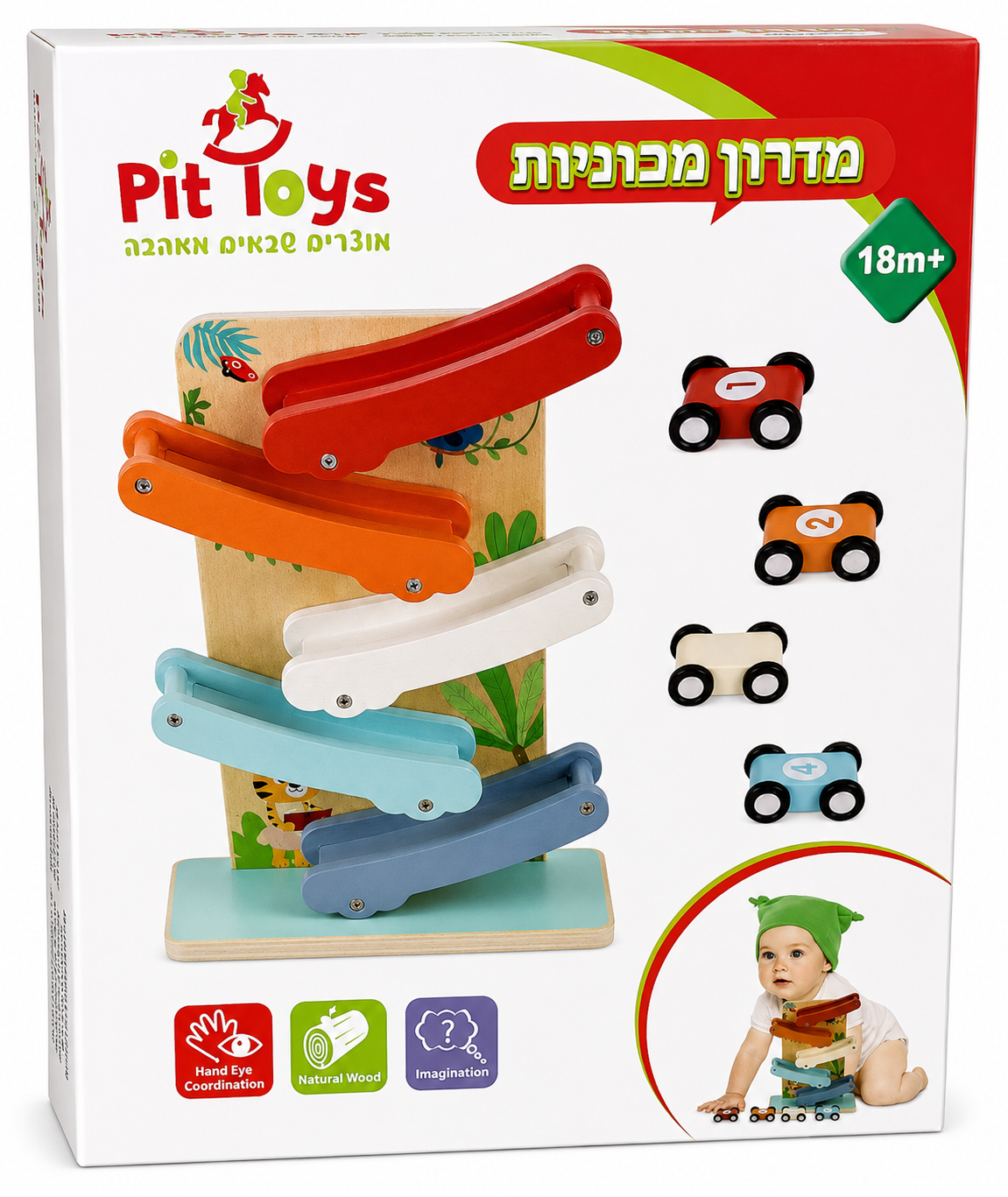 מדרון מכוניות עץ Pit Toys עם 4 מכוניות