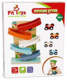 מדרון מכוניות עץ Pit Toys עם 4 מכוניות