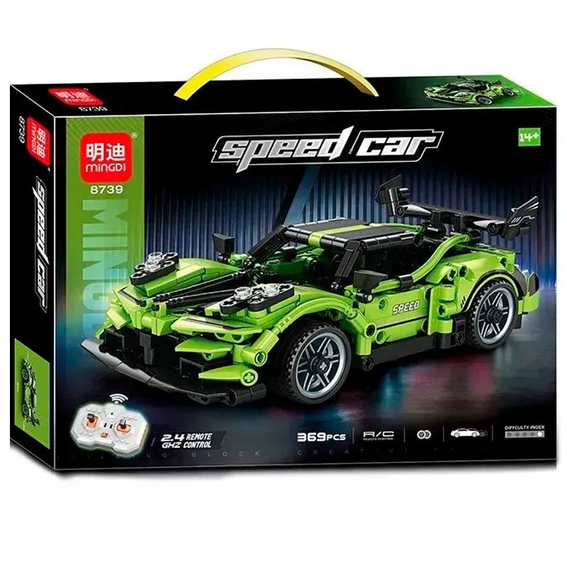 מכונית ספורט ירוקה להרכבה MINGDI Speed Car 8739 עם 369 חלקים ושלט רחוק 2.4GHz, לגילאי 14+
