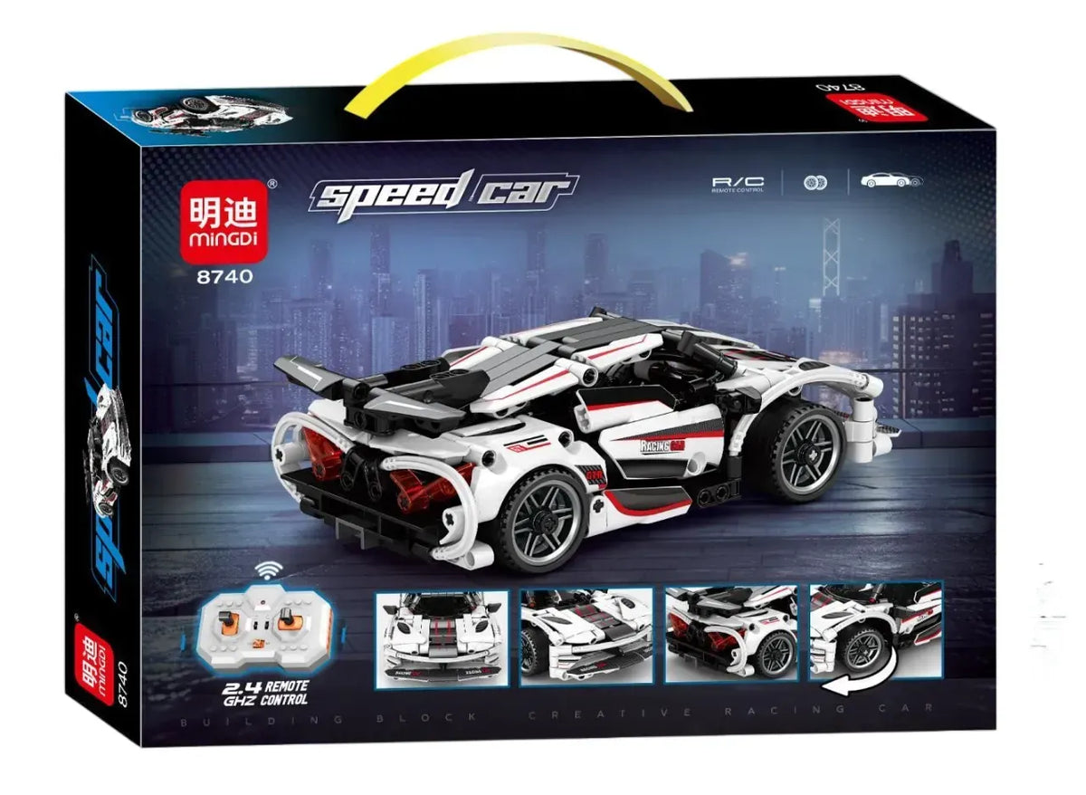 מכונית ספורט לבנה להרכבה MINGDI Speed Car 8740 עם 310 חלקים ושלט רחוק 2.4GHz, לגילאי 14+
