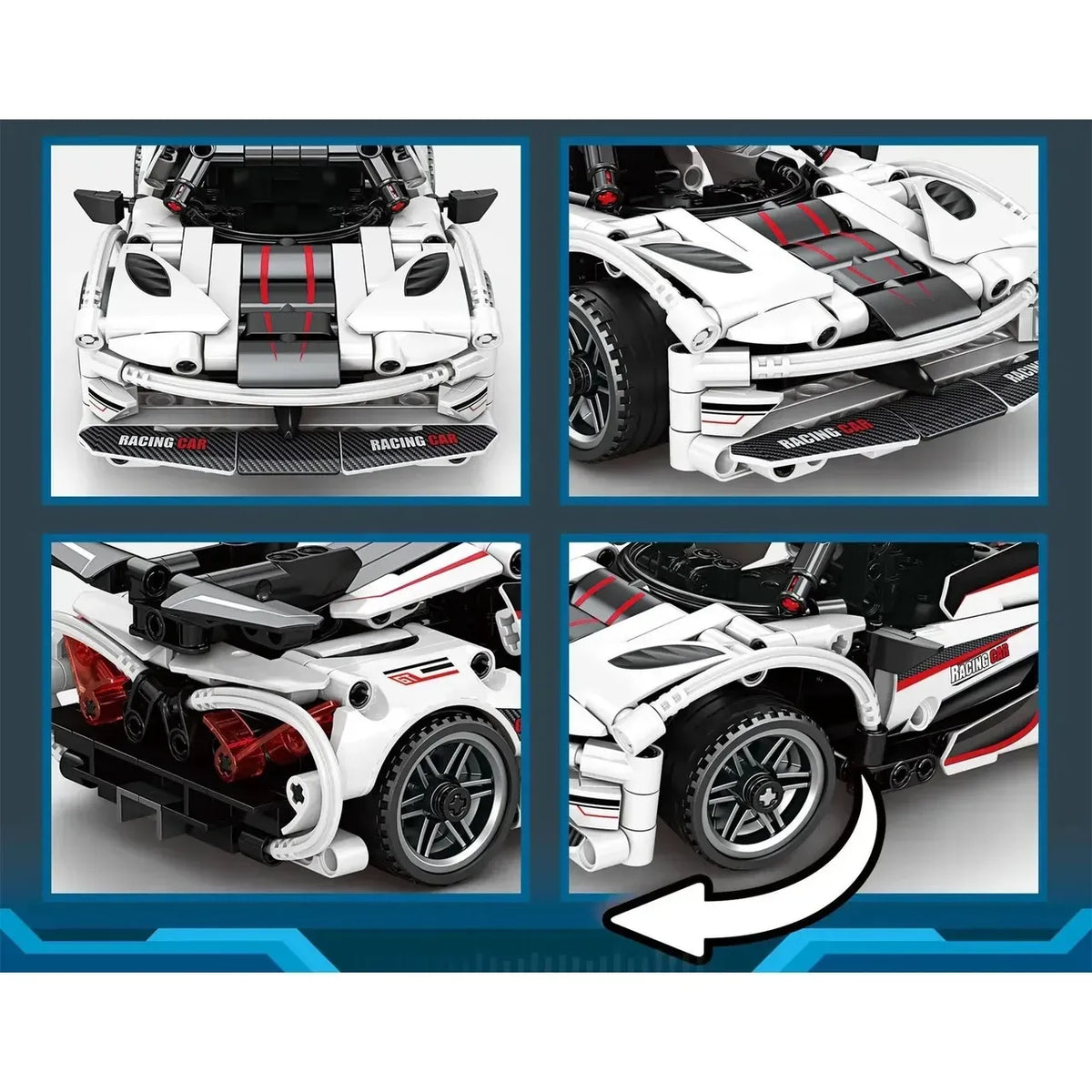 מכונית ספורט לבנה להרכבה MINGDI Speed Car 8740 עם 310 חלקים ושלט רחוק 2.4GHz, לגילאי 14+

