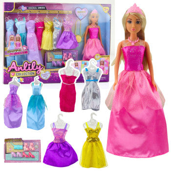 בובת ANLILY בלונדינית עם מגוון שמלות צבעוניות להחלפה וכתר, מתאימה למשחקי אופנה ודמיון מגיל 3.