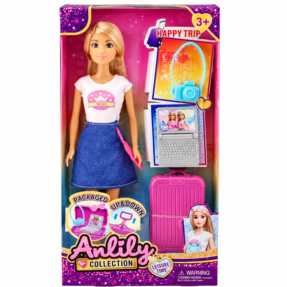 בובת ANLILY בלונדינית עם חצאית כחולה, מזוודת טרולי ורודה, מחשב נייד ואביזרי חופשה, מתאימה מגיל 3.