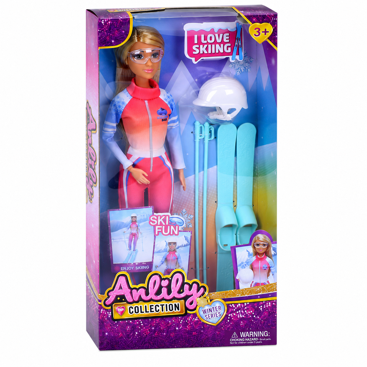 בובת ANLILY בלונדינית בחליפת סקי ורודה ותכלת עם מגלשיים, מקלות סקי, קסדה ומשקפי מגן, מתאימה מגיל 3.