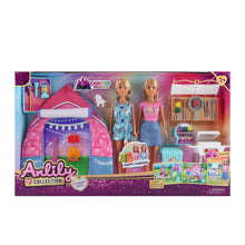 ערכת קמפינג ANLILY Collection עם 2 בובות בלונדיניות, אוהל, גריל, צידנית, כלי בישול, כלבלב ואביזרי שטח, מתאימה מגיל 3.