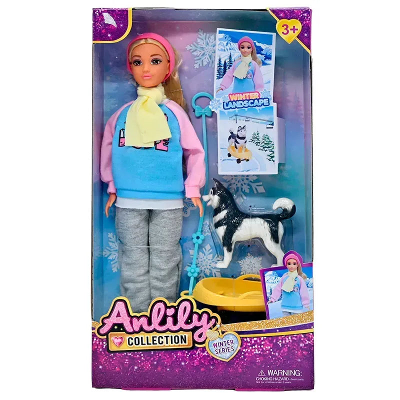בובת ANLILY בלונדינית בבגדי חורף עם כלב האסקי ומזחלת, מסדרת Winter Series, מתאימה מגיל 3.