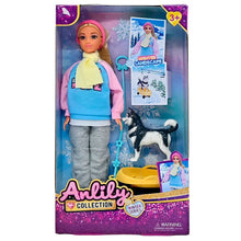 בובת ANLILY בלונדינית בבגדי חורף עם כלב האסקי ומזחלת, מסדרת Winter Series, מתאימה מגיל 3.