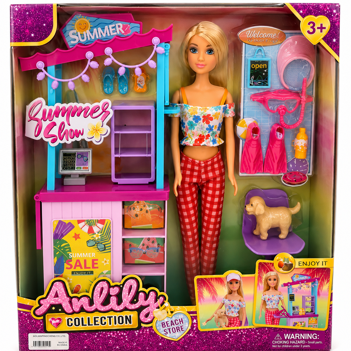 ערכת Anlily Collection Beach Store עם בובה בלונדינית, דוכן חנות קיץ, אביזרי אופנה וחוף ודמות כלב, מתאימה מגיל 3.
