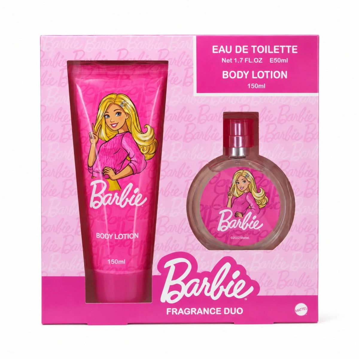 מארז Barbie Fragrance Duo הכולל בושם Eau de Toilette בנפח 50 מ״ל ותחליב גוף בנפח 150 מ״ל באריזה ורודה של Mattel.