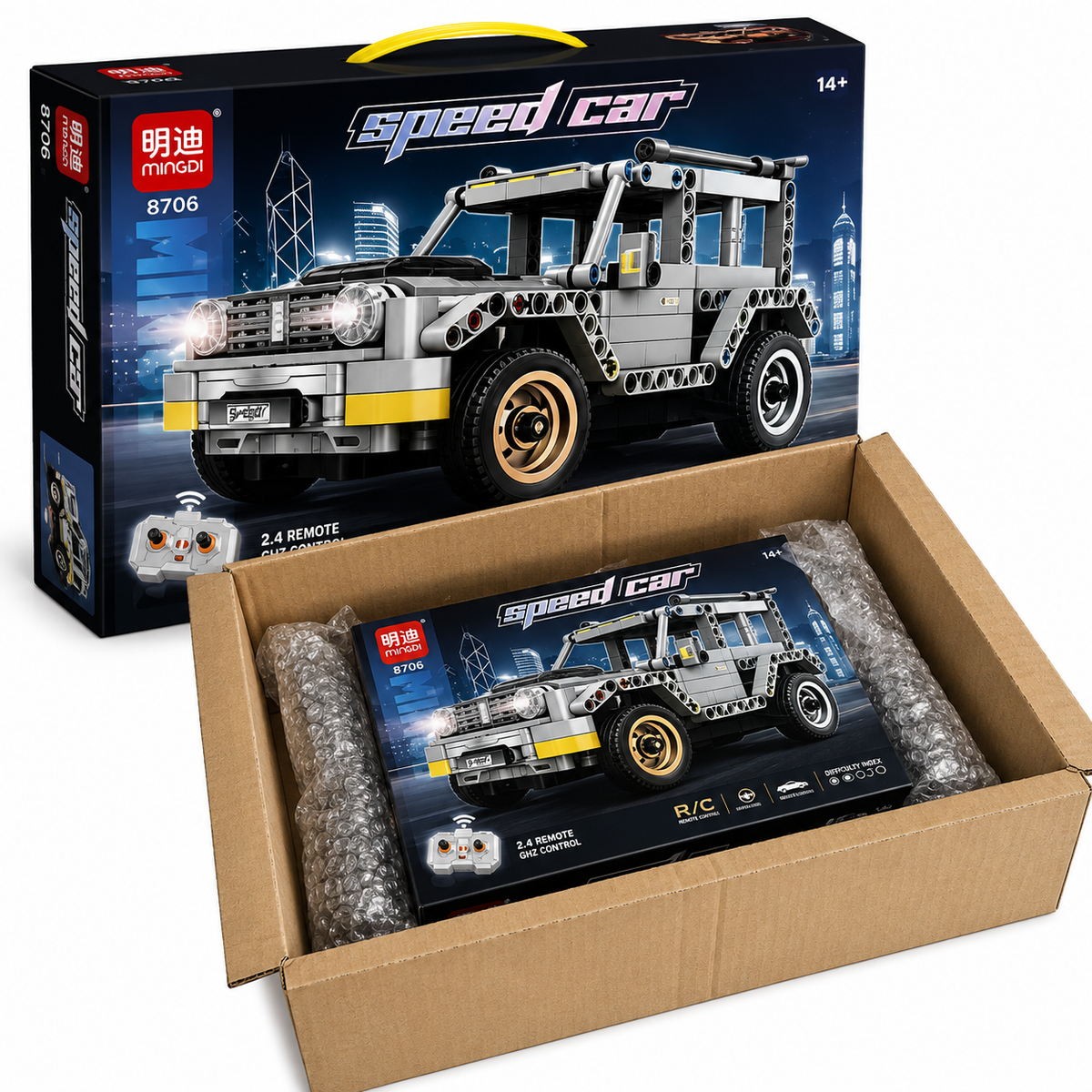 רכב שטח אפור להרכבה MINGDI Speed Car 8706 עם 311 חלקים ושלט רחוק 2.4GHz, לגילאי 14+
