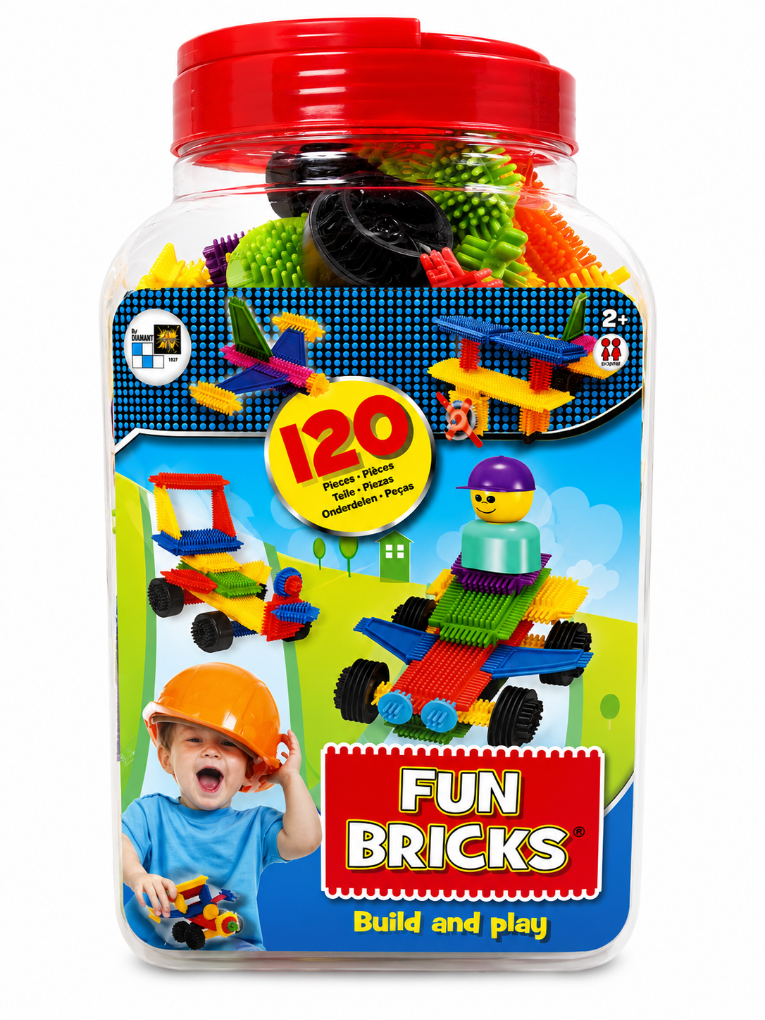 ערכת FUN BRICKS עם 120 קוביות זיפים צבעוניות לבנייה במיכל אחסון עם ידית, מתאימה מגיל 2.