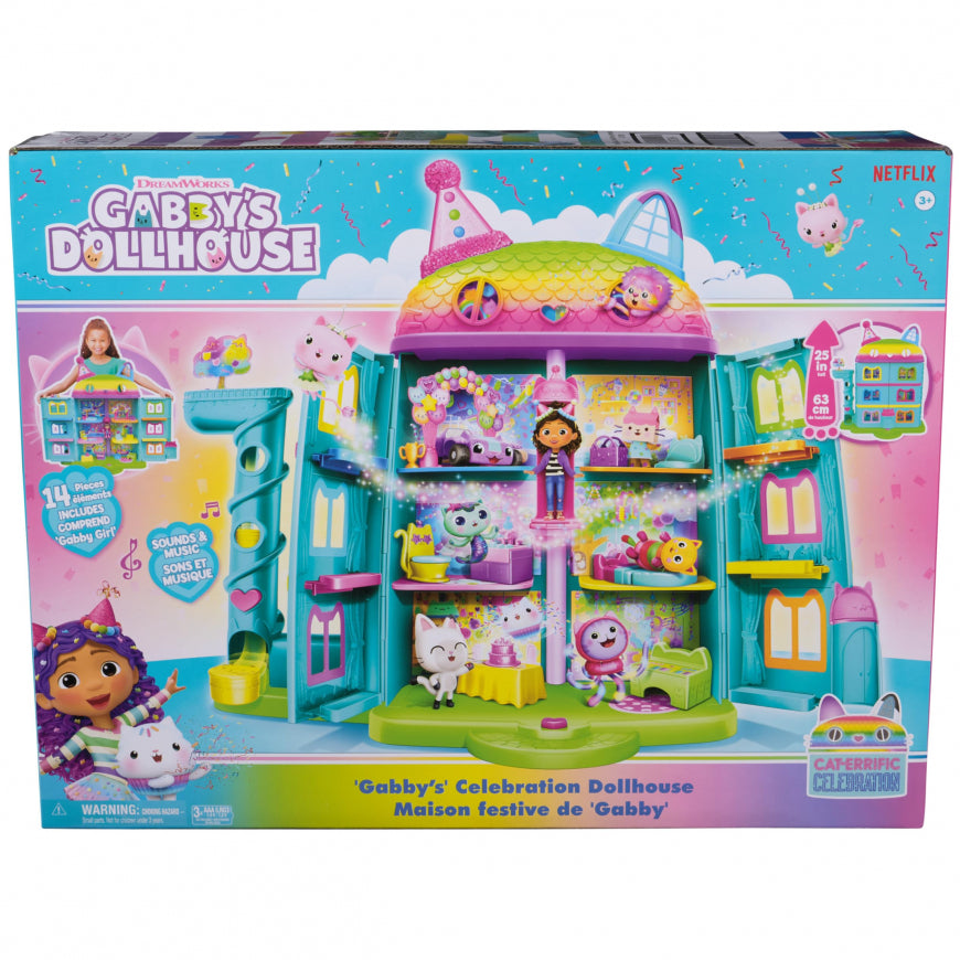 בית המסיבות של גבי Gabby’s Dollhouse בגובה כ־60 ס״מ עם 6 חדרים, דמות גבי, ריהוט, אביזרים ואפקטים קוליים.