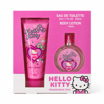 
מארז Hello Kitty Fragrance Duo הכולל בושם Eau de Toilette בנפח 50 מ״ל ותחליב גוף בנפח 150 מ״ל באריזה ורודה של Sanrio.