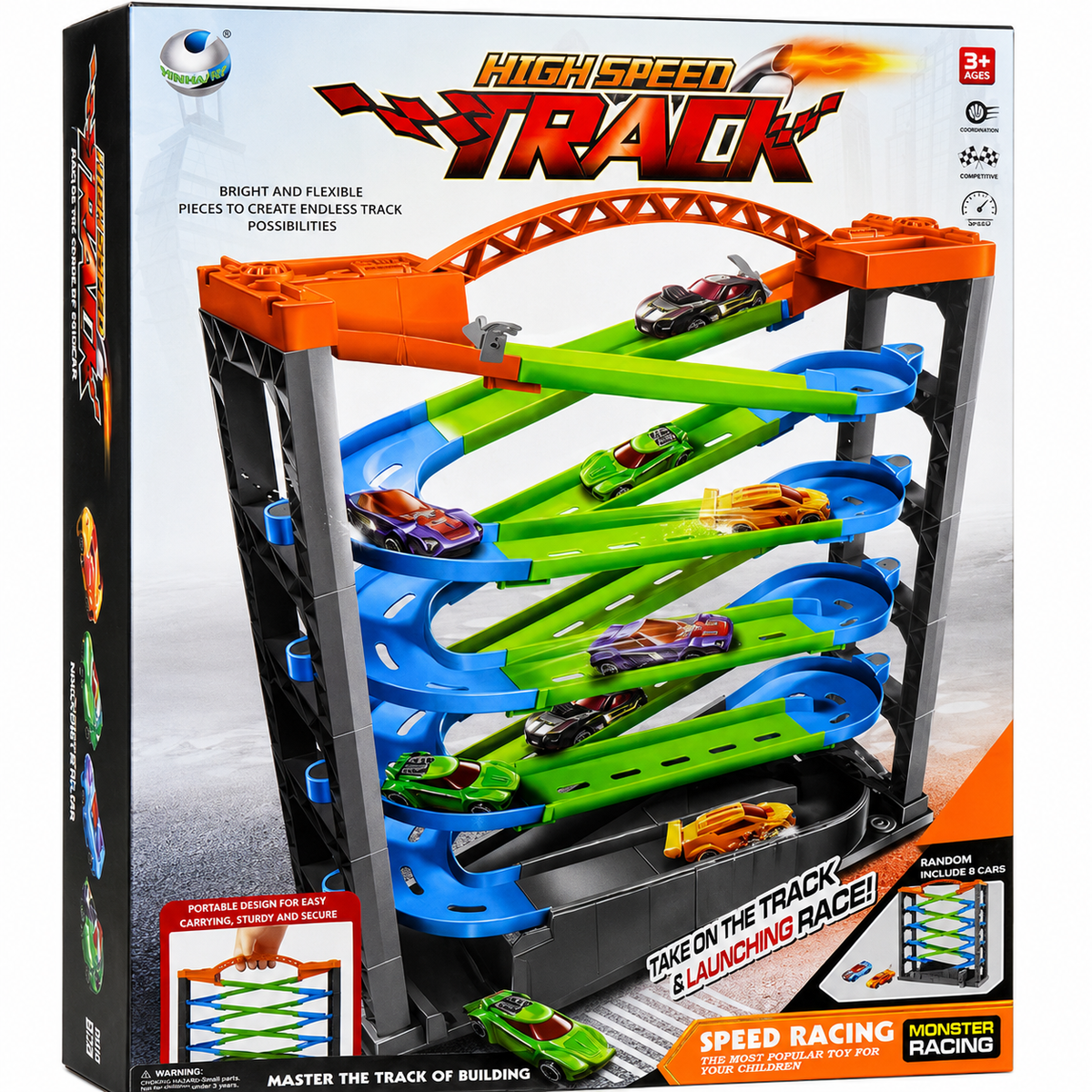 מסלול מכוניות רב־קומתי High Speed Track עם רמפות כחולות וירוקות ו־2 מכוניות למרוצים מהירים, מתאים מגיל 3.