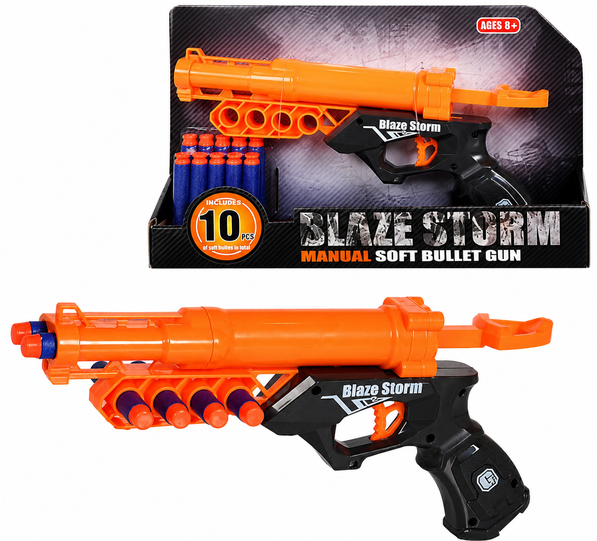 אקדח צעצוע דו־קני כתום ושחור G-FORCE מבית JOKER עם 10 כדורי ספוג כחולים וכתומים.