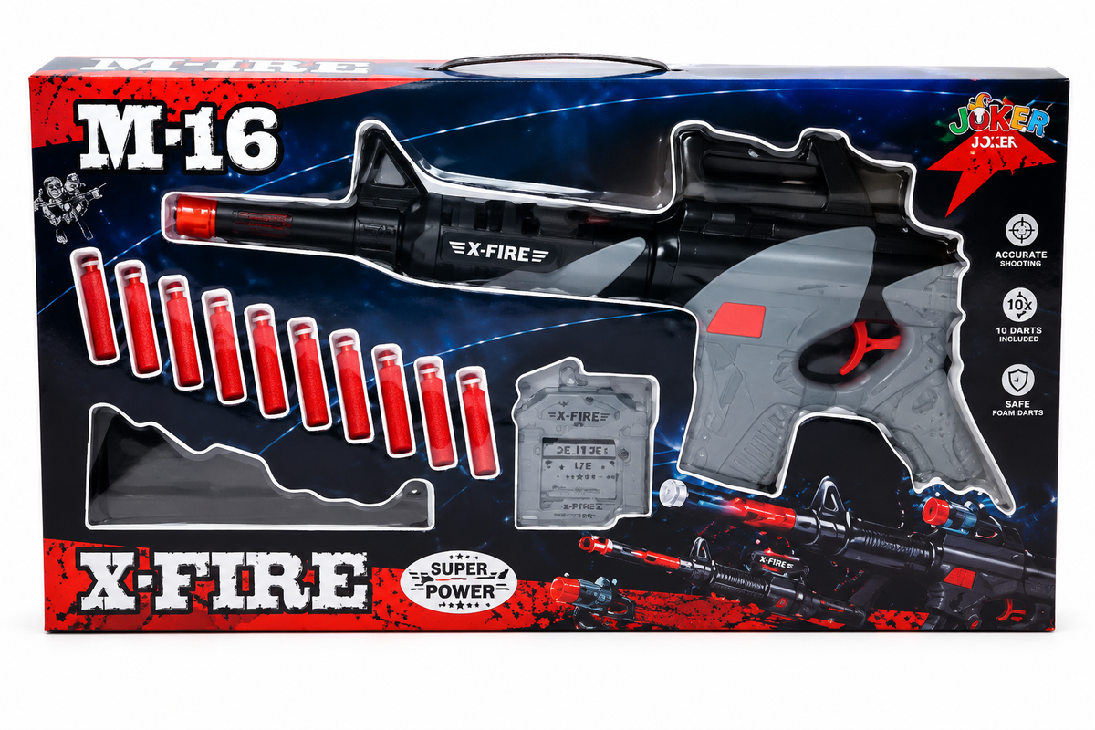 רובה צעצוע שחור דמוי M16 מבית JOKER עם 10 חצי ספוג, 200 כדורי ג׳ל ופנס מובנה.
