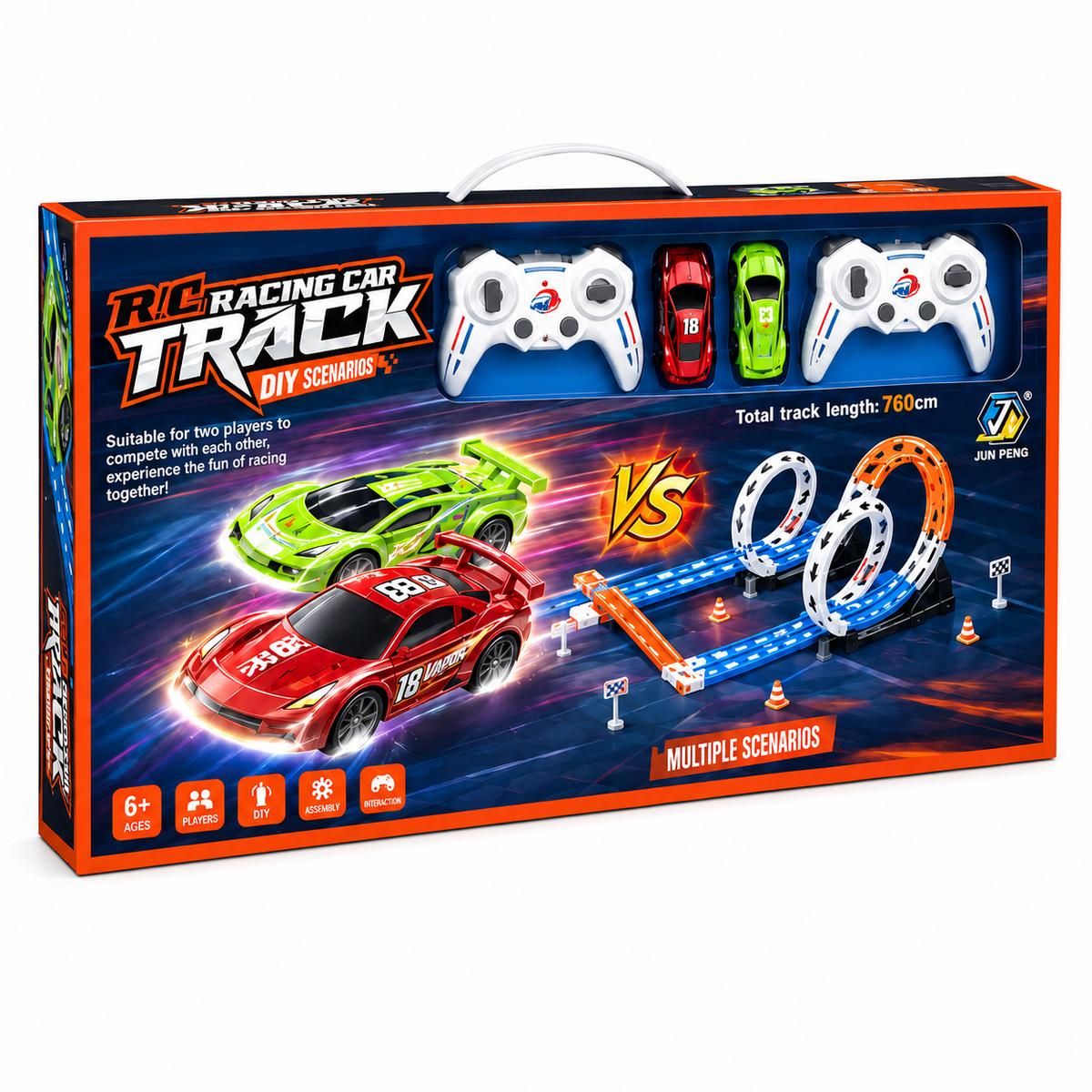 מסלול מרוצים כפול R/C באורך כ־750 ס״מ עם שתי מכוניות, שני שלטים, גשרים ולופים למשחק תחרותי לשני שחקנים.