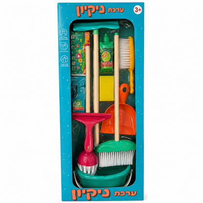 ערכת ניקיון לילדים עם דלי, מטאטא, מגב, יעה, מברשות, ספוג ואביזרי ניקוי למשחקי תפקידים מגיל 3.
