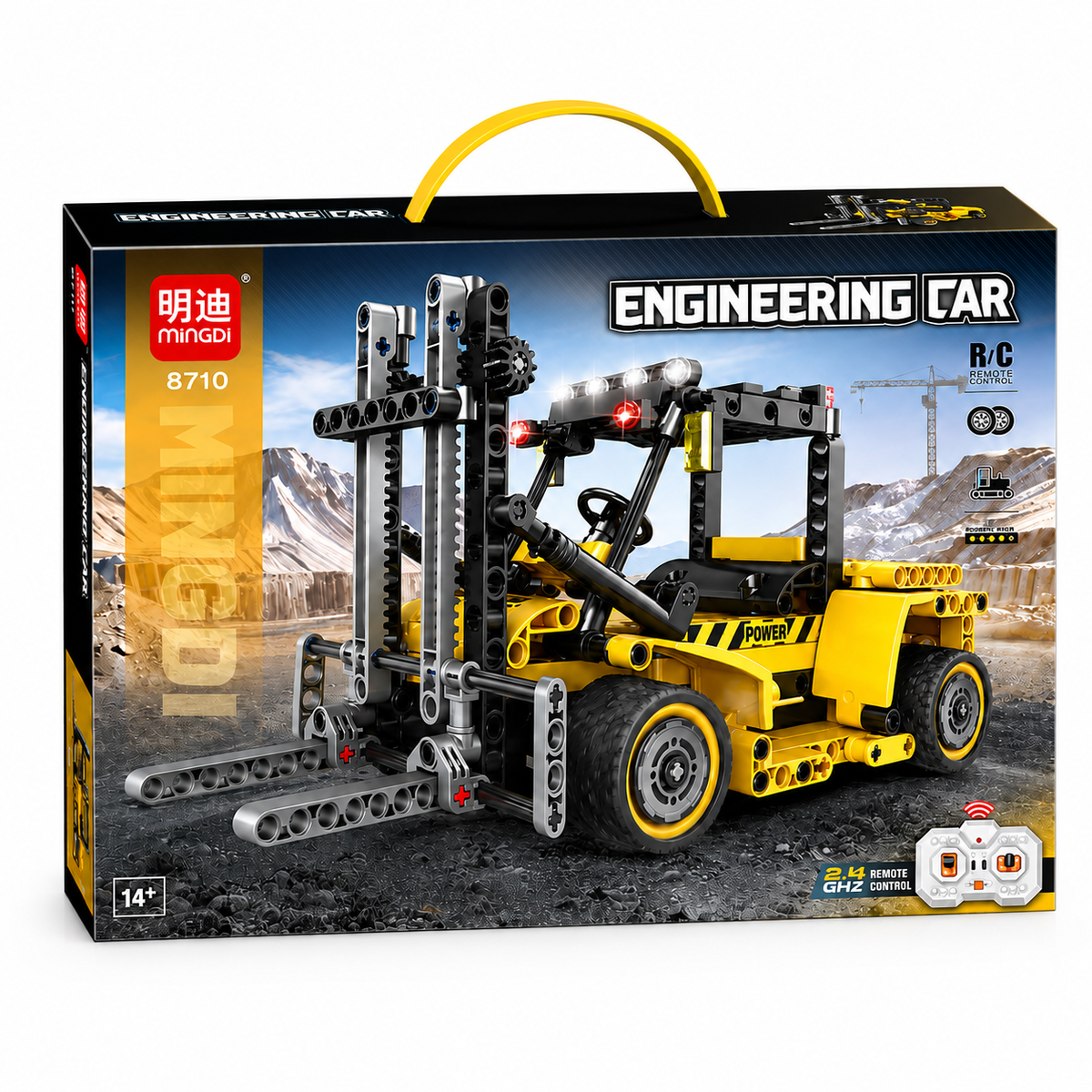 ערכת MINGDI 8710 להרכבת מלגזה הנדסית צהובה עם מזלגות קדמיים ושלט רחוק 2.4GHz, לגילאי 14 ומעלה.