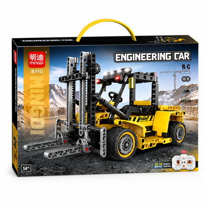 ערכת MINGDI 8710 להרכבת מלגזה הנדסית צהובה עם מזלגות קדמיים ושלט רחוק 2.4GHz, לגילאי 14 ומעלה.