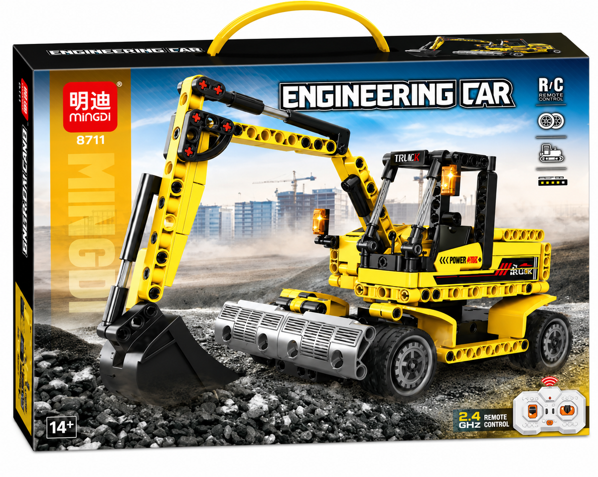 ערכת MINGDI 8711 להרכבת מחפר הנדסי צהוב עם זרוע חפירה ושלט רחוק 2.4GHz, לגילאי 14 ומעלה.