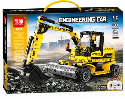 ערכת MINGDI 8711 להרכבת מחפר הנדסי צהוב עם זרוע חפירה ושלט רחוק 2.4GHz, לגילאי 14 ומעלה.