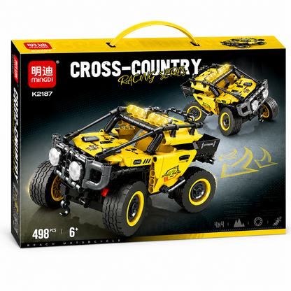 ערכת MINGDI K2187 להרכבת רכב שטח צהוב בסגנון 4×4, הכוללת 498 חלקים ומתאימה לגילאי 6 ומעלה.