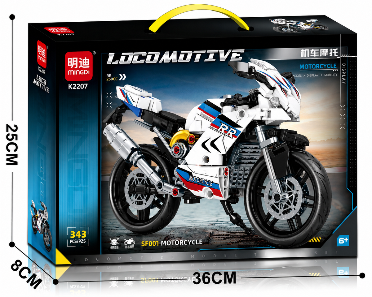 ערכת MINGDI K2207 להרכבת אופנוע ספורט לבן מדגם SF001 Motorcycle הכוללת 343 חלקים ומתאימה לגילאי 6 ומעלה.