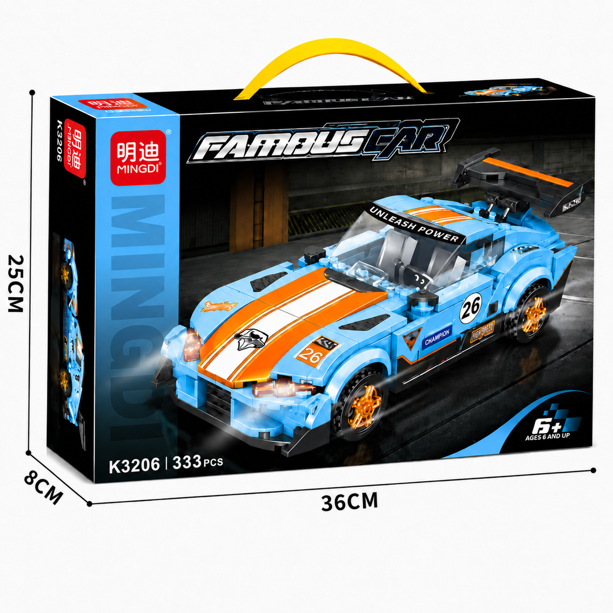 ערכת MINGDI Famous Car K3206 להרכבת מכונית מרוץ כחולה עם פרטים כתומים, 333 חלקים לגילאי 6 ומעלה.