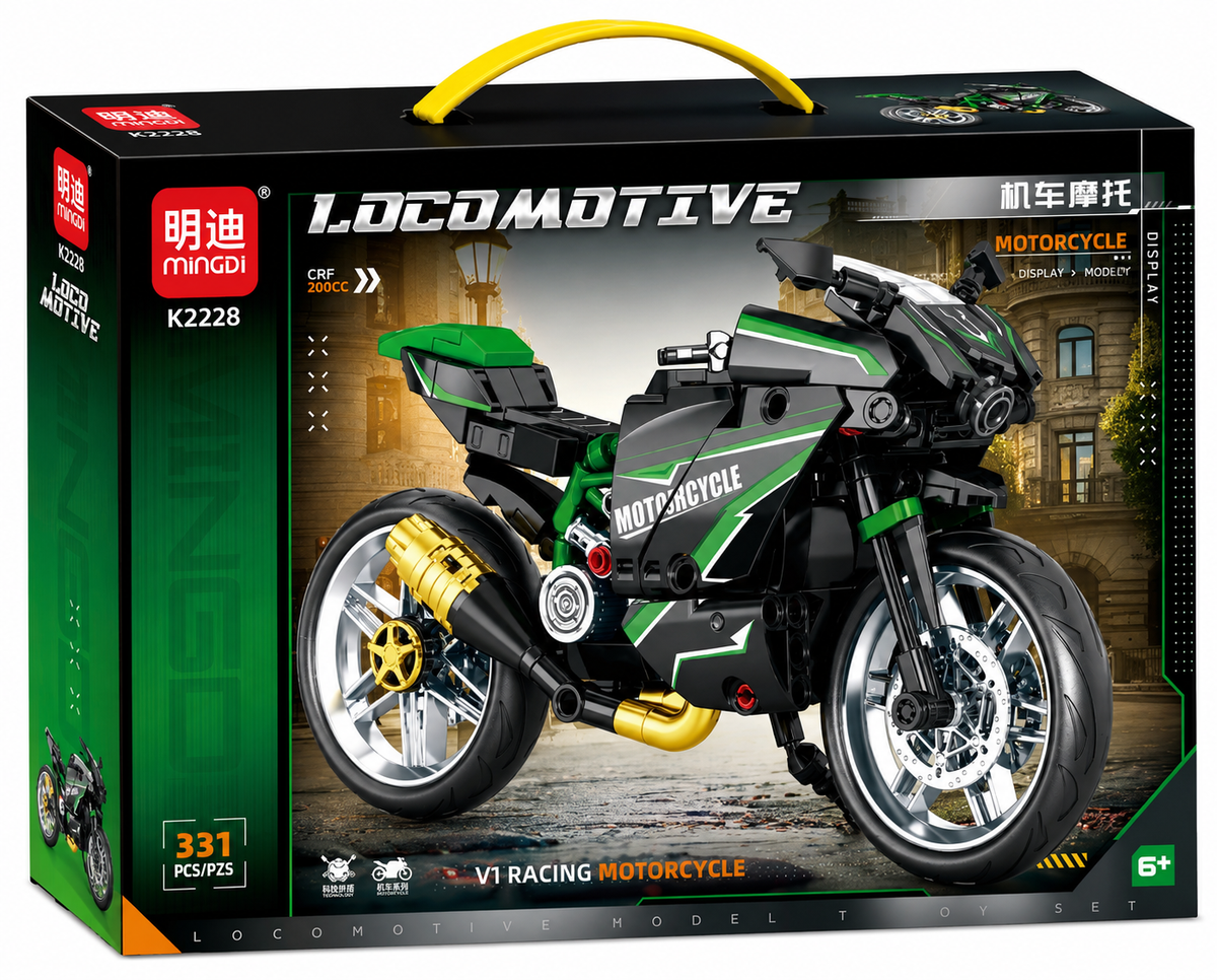 ערכת MINGDI K2228 להרכבת אופנוע מרוץ ירוק ושחור מדגם V1 Racing Motorcycle הכוללת 331 חלקים.