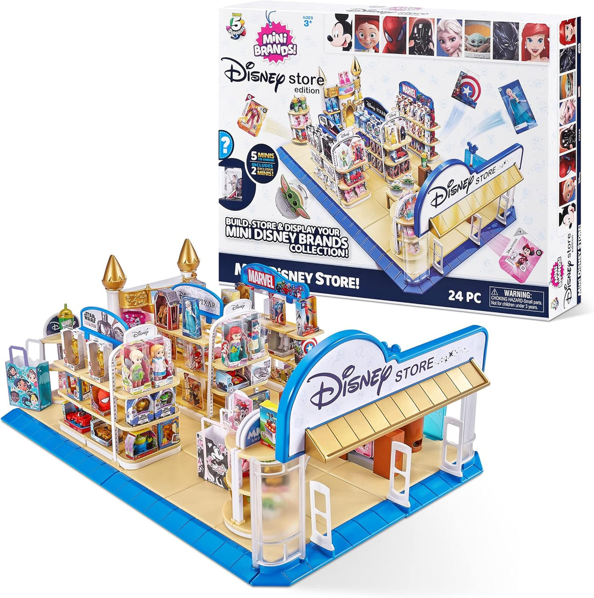 ערכת Mini Brands Disney Store להרכבת חנות דיסני מיניאטורית עם 24 חלקים ופריטי מיני אספניים, לגיל 3 ומעלה.
