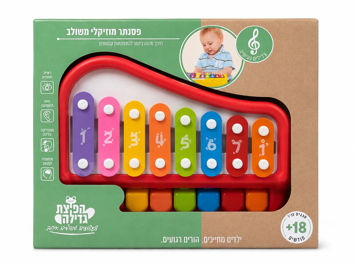 פסנתר מוזיקלי צבעוני לפעוטות עם 8 קלידי צליל ממוספרים ומקשים צבעוניים לפיתוח חוש מוזיקלי ומוטוריקה עדינה, מגיל 18 חודשים.
