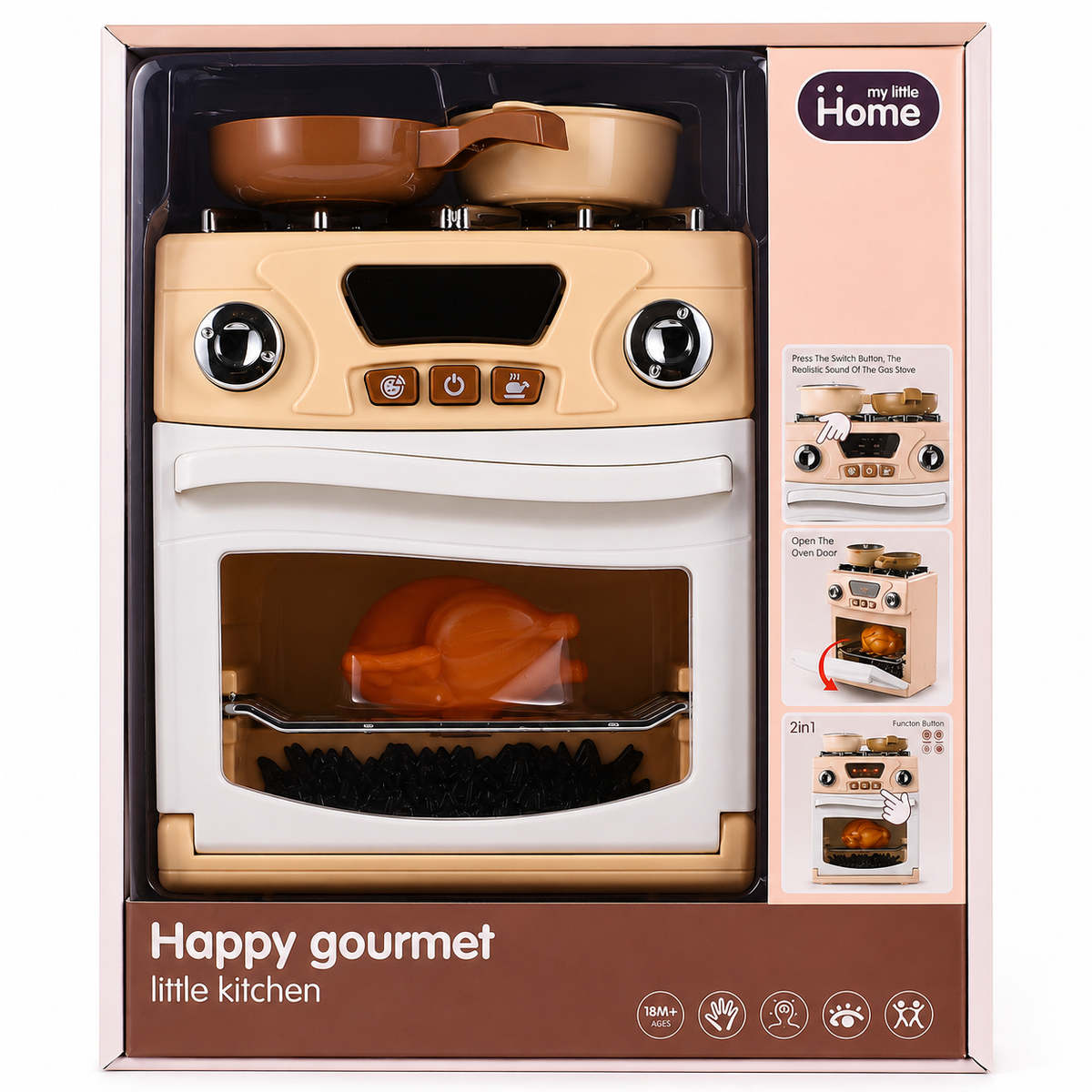 תנור וכיריים לילדים My Little Home בגווני בז׳ ולבן עם סיר, מחבת, עוף צעצוע, דלת נפתחת ואפקטי צליל, מתאים מגיל 18 חודשים.