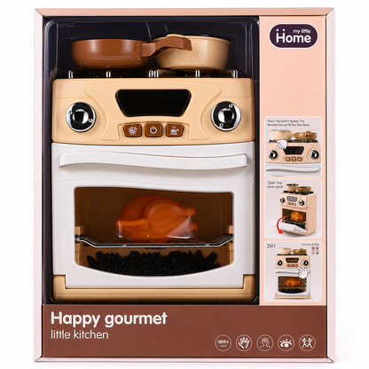 תנור וכיריים לילדים My Little Home בגווני בז׳ ולבן עם סיר, מחבת, עוף צעצוע, דלת נפתחת ואפקטי צליל, מתאים מגיל 18 חודשים.