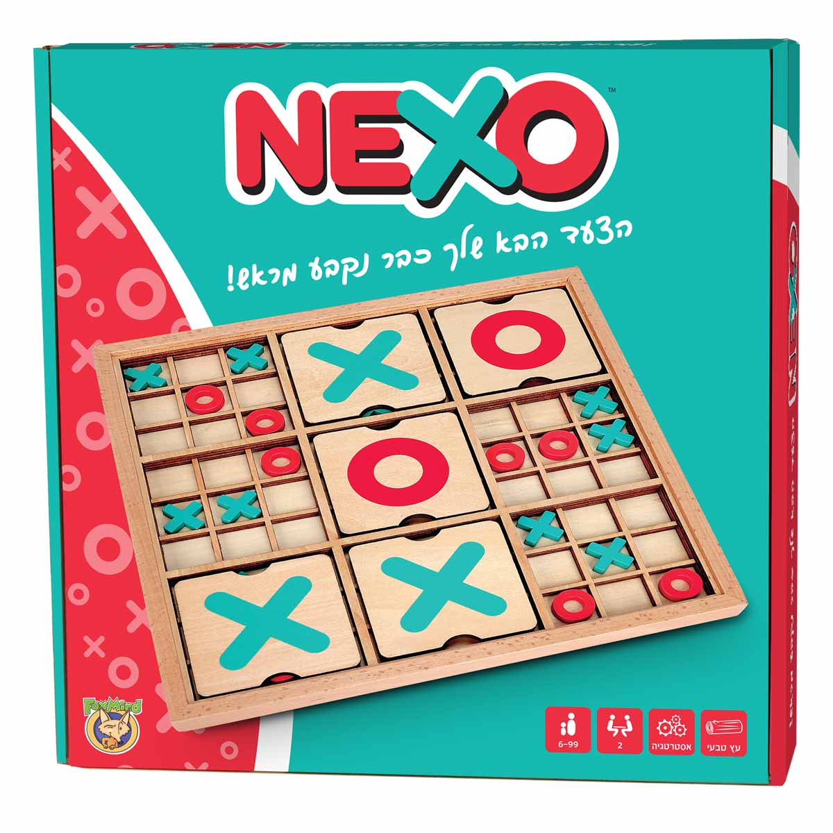 משחק NEXO נקסו מבית FoxMind – משחק איקס עיגול אסטרטגי עם 9 מיני־לוחות ו־90 כלי X ו־O