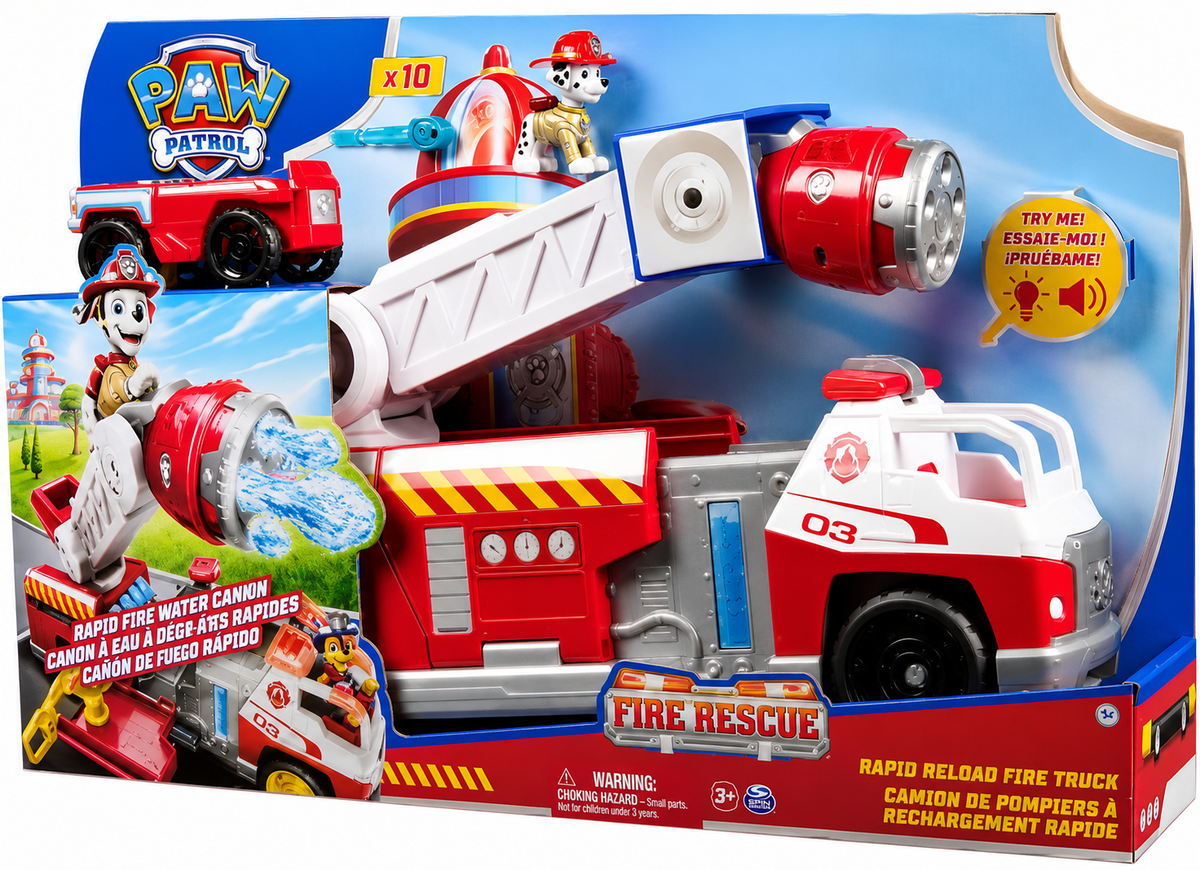 משאית הכיבוי האדומה-לבנה של מרשל PAW Patrol עם אורות וצלילים, סולם מתכוונן, תותח מים, 10 קליעים, רכב חילוץ קטן ודמות מרשל.
