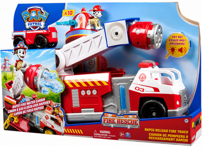 משאית הכיבוי האדומה-לבנה של מרשל PAW Patrol עם אורות וצלילים, סולם מתכוונן, תותח מים, 10 קליעים, רכב חילוץ קטן ודמות מרשל.
