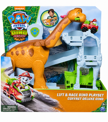 מסלול ברכיוזאורוס של PAW Patrol עם מנגנון הרמה, שני מסלולי גלישה, רכב מיני מרשל ודמות דינוזאור, לגילאי 3+.