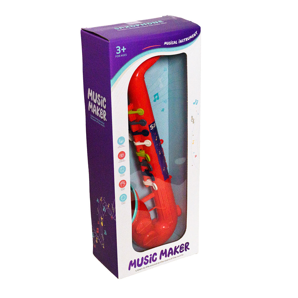 סקסופון צעצוע אדום Music Maker עם מקשי נגינה צבעוניים, מתאים לילדים מגיל 3 ומעלה.