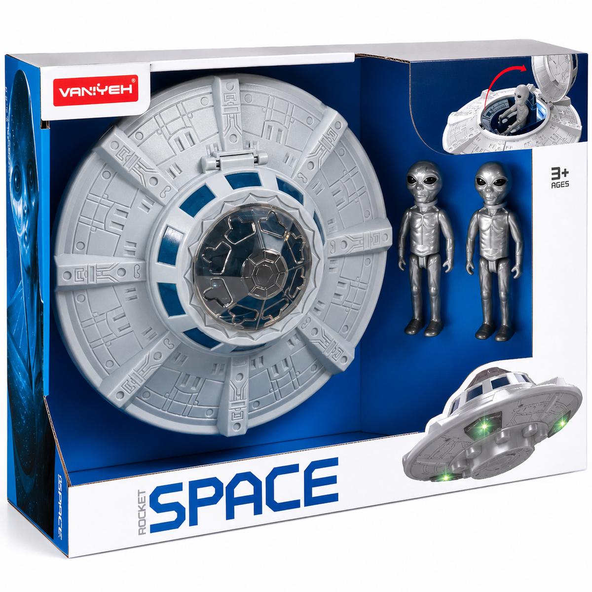 ערכת SPACE עם צלחת מעופפת כסופה ושתי דמויות חייזרים, 3 חלקים, מתאימה לגילאי 3 ומעלה.
