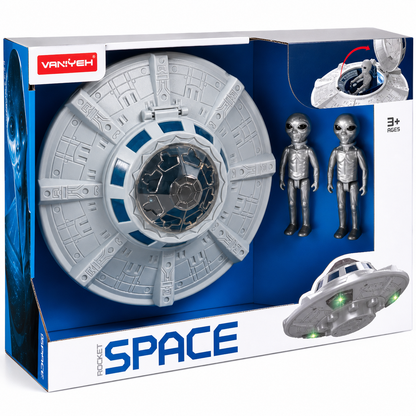 ערכת SPACE עם צלחת מעופפת כסופה ושתי דמויות חייזרים, 3 חלקים, מתאימה לגילאי 3 ומעלה.
