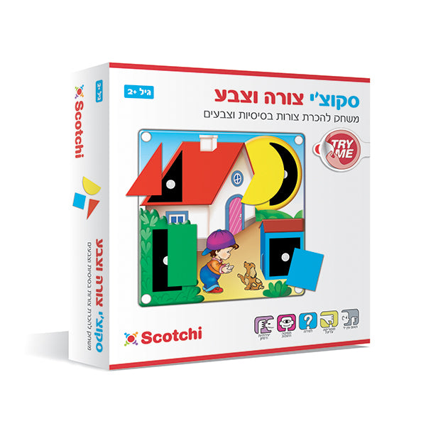 משחק Scotchi צורה וצבע ללימוד והתאמת צורות בסיסיות וצבעים, מתאים לילדים מגיל שנתיים.