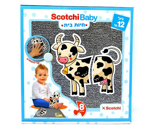 משחק ScotchiBaby חיות בית עם 8 חלקים צבעוניים להתאמה והצמדה, לפיתוח מוטוריקה וקשר עין־יד מגיל 12 חודשים.